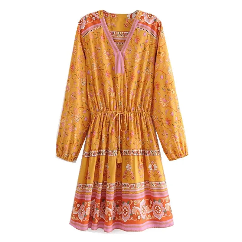 Golden Daffodil Boho Floral Print Mini Dress Classic Floral Mini Dress