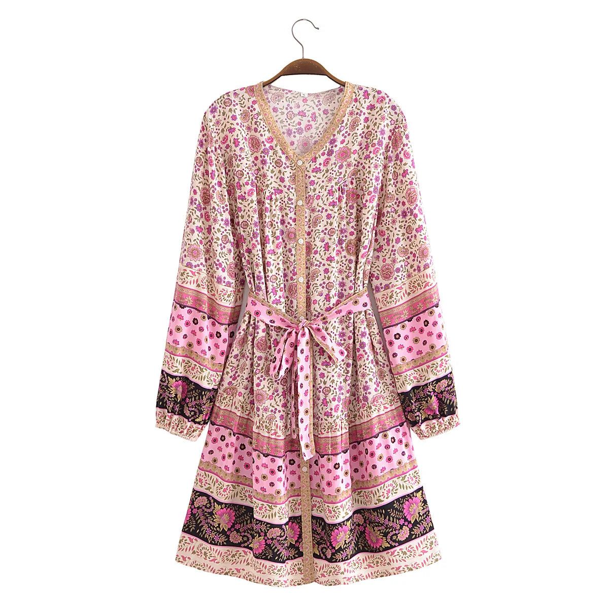 Pink Whimsy Boho Floral Print Long Sleeve Mini Dress Classic Black Mini Dress