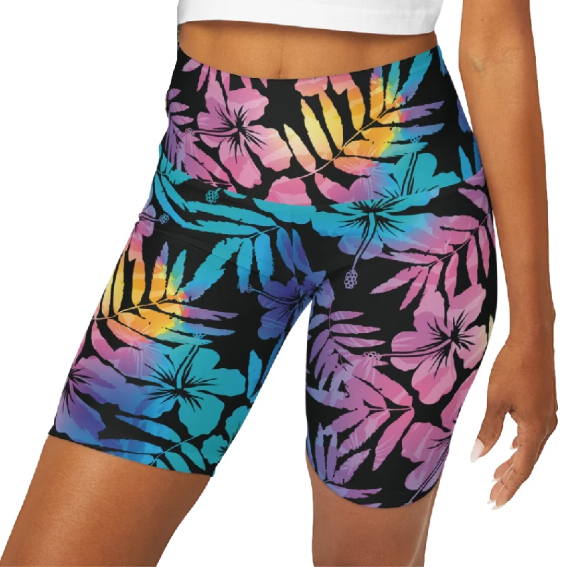 7" High Waisted Long Swim Shorts, Ombre Hawaiian Hibiscus Vibrant Bikini Design