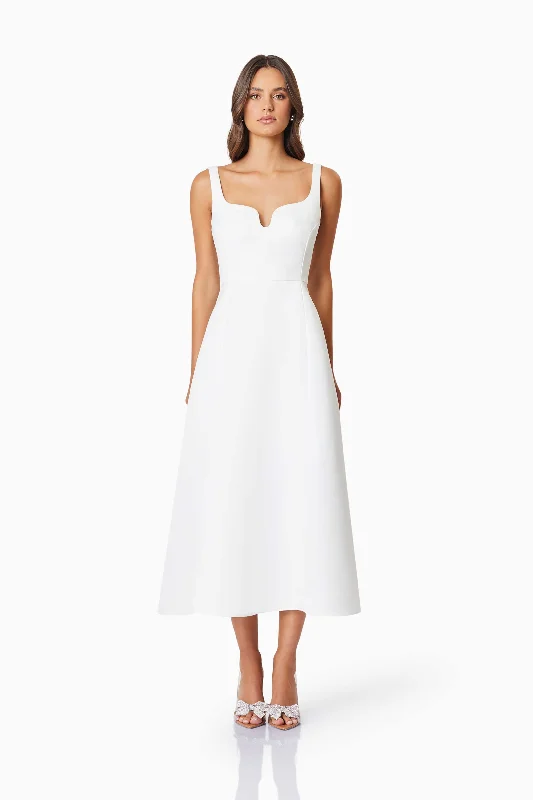 Alice Duchess Satin Midi Dress In White Trendy Flared Sleeve Midi Dress