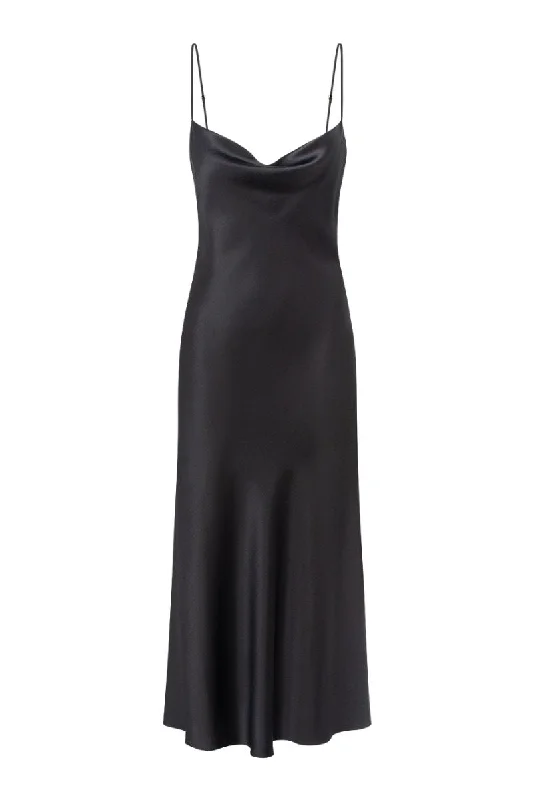 ALYSHA BLACK COWL NECK SILK SATIN MIDI DRESS Trendy A-Line Midi Dress