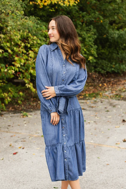 annabell denim midi dress Fashionable Polka Dot Midi Dress