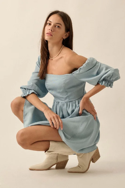 Blue Moon Puff-Sleeve Babydoll Mini Dress Elegant Sequin Mini Dress