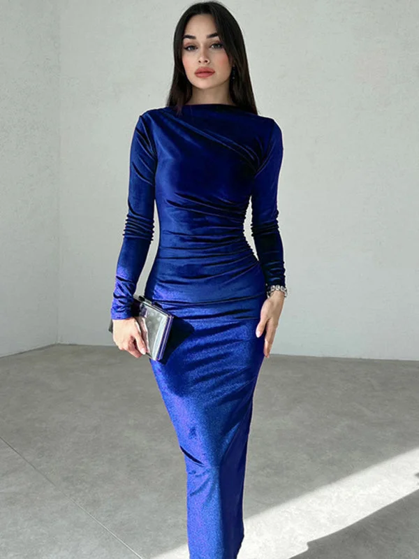 Blue Zone Planet | Anna's Pleated Round Neck Long Sleeve Bodycon Midi Dress Stylish Satin Midi Dress Blue Zone Planet | Anna's Pleated Round Neck Long Sleeve Bodycon Midi Dress Stylish Satin Midi Dress