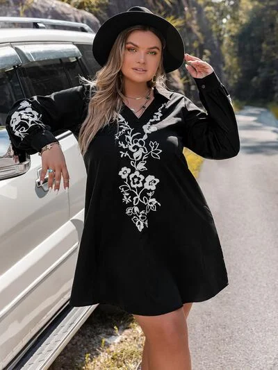 Blue Zone Planet | Plus Size Embroidered Long Sleeve Mini Dress Comfortable Smocked Mini Dress Blue Zone Planet | Plus Size Embroidered Long Sleeve Mini Dress Comfortable Smocked Mini Dress