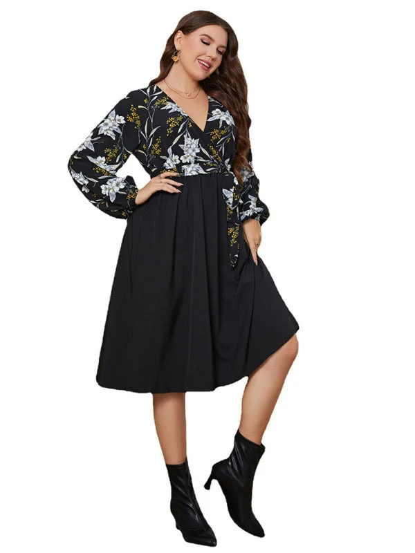 Blue Zone Planet | Plus Size Long Sleeve V-Neck Floral A-Line Mini Dress Classic Casual Mini Dress Blue Zone Planet | Plus Size Long Sleeve V-Neck Floral A-Line Mini Dress Classic Casual Mini Dress