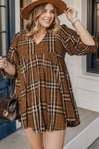 Blue Zone Planet | Plus Size Plaid V-Neck Balloon Sleeve Mini Dress Stylish Sweetheart Mini Dress Blue Zone Planet | Plus Size Plaid V-Neck Balloon Sleeve Mini Dress Stylish Sweetheart Mini Dress