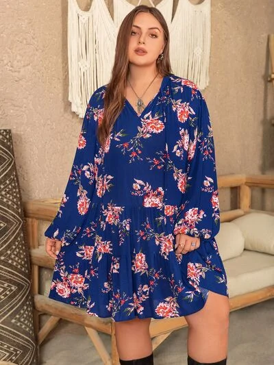 Blue Zone Planet | Plus Size Printed Tie Neck Balloon Sleeve Mini Dress Elegant Vintage Mini Dress Blue Zone Planet | Plus Size Printed Tie Neck Balloon Sleeve Mini Dress Elegant Vintage Mini Dress
