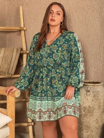 Blue Zone Planet | Plus Size V-Neck Balloon Sleeve Printed Mini Dress Modern Satin Mini Dress Blue Zone Planet | Plus Size V-Neck Balloon Sleeve Printed Mini Dress Modern Satin Mini Dress