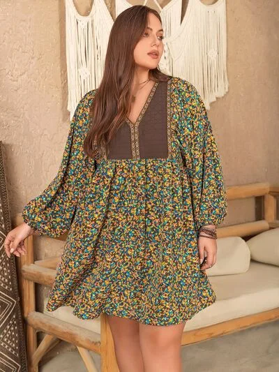 Blue Zone Planet | Plus Size V-Neck Balloon Sleeve Printed Mini Dress Casual V-Neck Mini Dress Blue Zone Planet | Plus Size V-Neck Balloon Sleeve Printed Mini Dress Casual V-Neck Mini Dress
