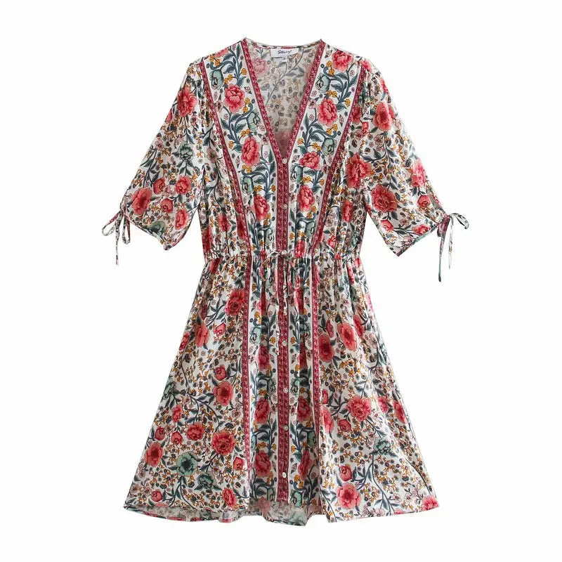 Pearl Garden Boho Floral Print Mini Dress Stylish Plaid Mini Dress