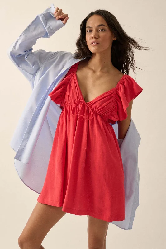 By Nature Ruffled Linen-Blend Babydoll Mini Dress Trendy Button-Detail Mini Dress