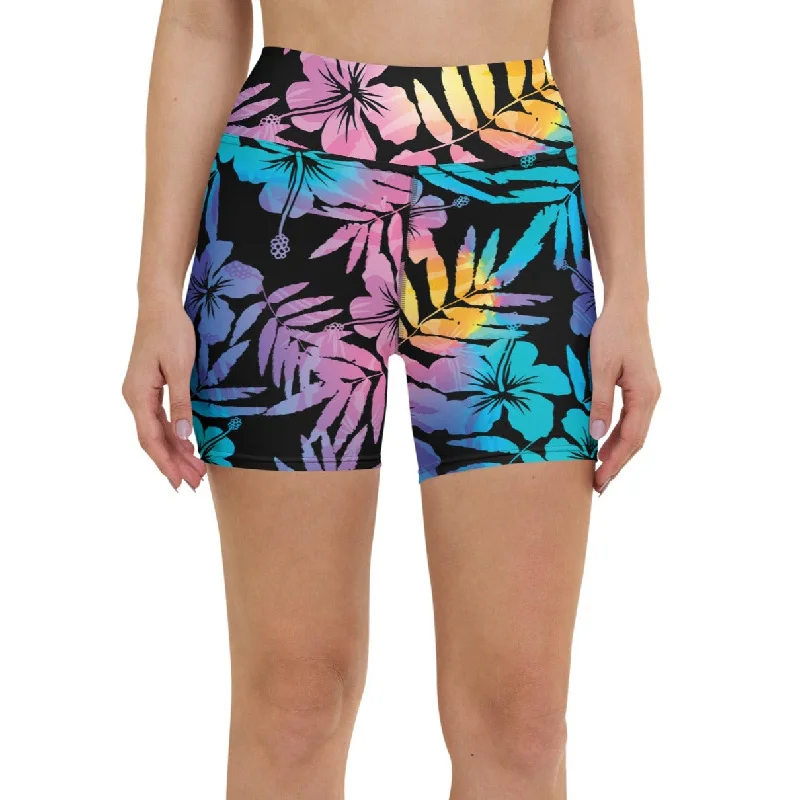 5" Swim Shorts UV Paddleboard Swim Shorts, Swim BoyShort - Ombre Floral Hibiscus Plunge Neckline Swimsuit