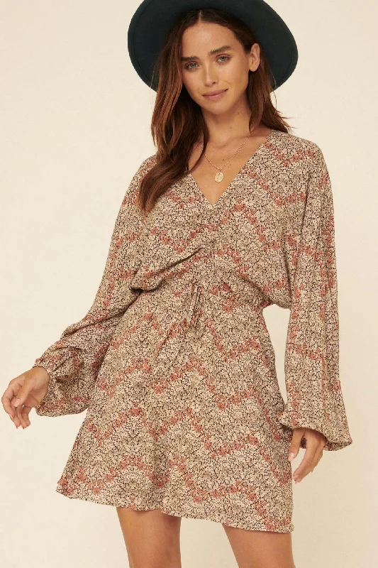 Garden Romance Floral Drawstring Mini Dress Comfortable Zip-Up Mini Dress