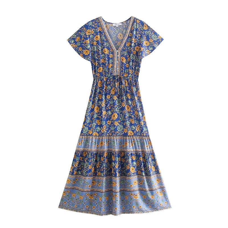 Sapphire Meadow Boho Floral Print Midi Dress Fashionable Casual Midi Dress