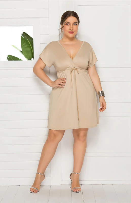 Blue Zone Planet |  Isabella's Deep V Solid Plus Size Mini Dress Fashionable Off-Shoulder Mini Dress
