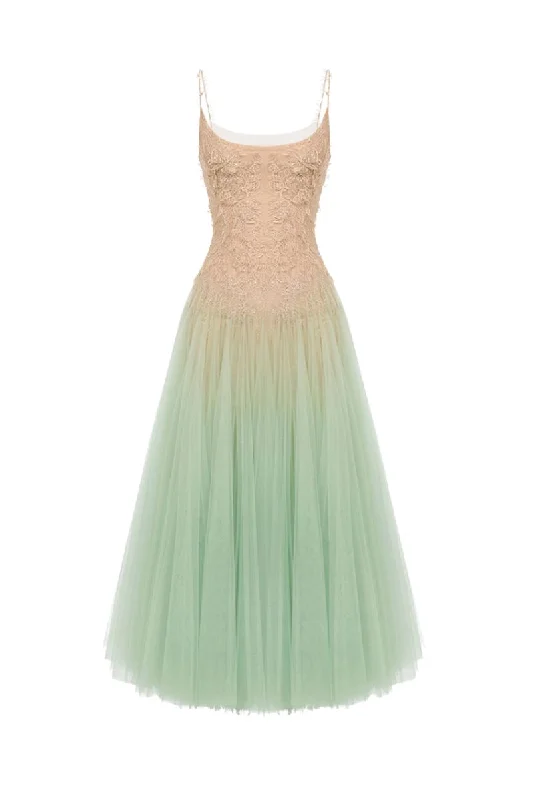 MINT OMBRE LACE MIDI DRESS Cozy Spaghetti Strap Midi Dress