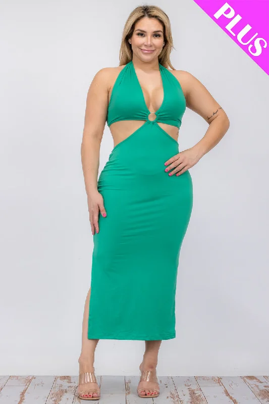 Curvy Halter Neck Double Tie Back Cut-out Split Thigh Midi Dress Stylish High-Waisted Midi Dress Curvy Halter Neck Double Tie Back Cut-out Split Thigh Midi Dress Stylish High-Waisted Midi Dress