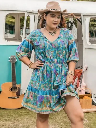 Blue Zone Planet | Plus Size Printed Tie Neck Mini Dress Stylish Floral Print Mini Dress Blue Zone Planet | Plus Size Printed Tie Neck Mini Dress Stylish Floral Print Mini Dress