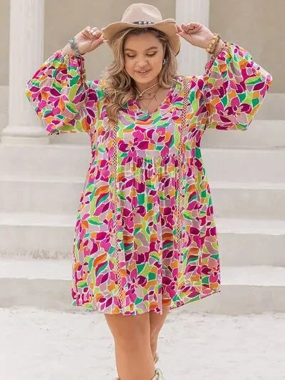 Blue Zone Planet | Plus Size Printed V-Neck Balloon Sleeve Mini Dress Trendy A-Line Mini Dress Blue Zone Planet | Plus Size Printed V-Neck Balloon Sleeve Mini Dress Trendy A-Line Mini Dress