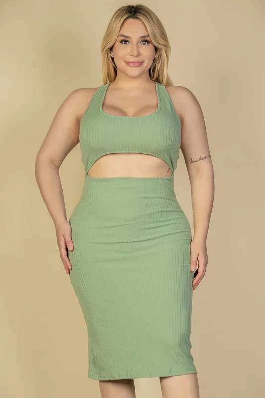 Bodycon Midi Dress in Plus Size Ribbed Fabric with Cutout Front and Crisscross Back Cozy Ribbed Knit Midi Dress Bodycon Midi Dress in Plus Size Ribbed Fabric with Cutout Front and Crisscross Back Cozy Ribbed Knit Midi Dress