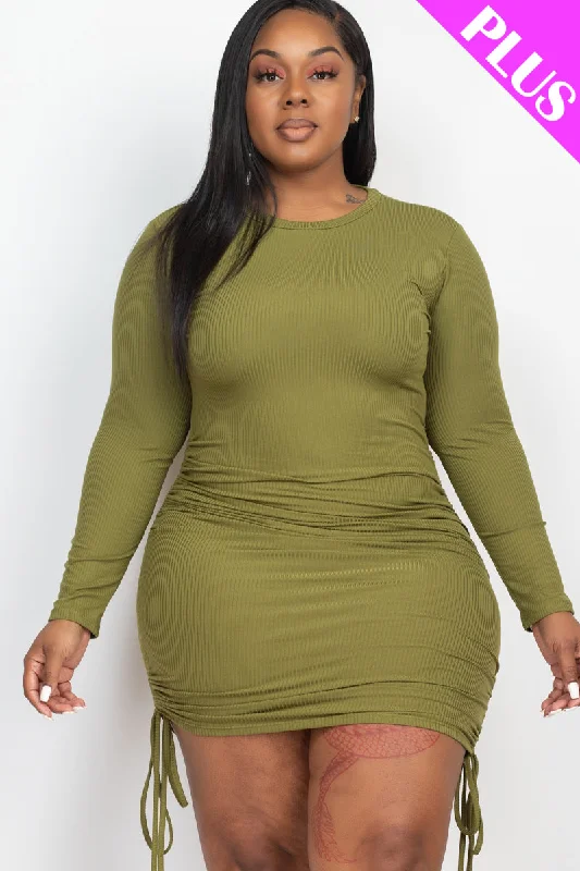 Ribbed Bodycon Midi Dress with Long Sleeves and Drawstring, Plus Size Comfortable Empire Waist Midi Dress Ribbed Bodycon Midi Dress with Long Sleeves and Drawstring, Plus Size Comfortable Empire Waist Midi Dress