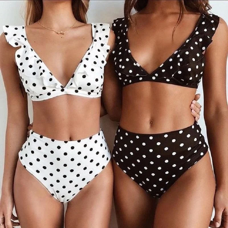 Libiyi-Polka Dot V Neck Swimsuit High-Waisted Swim Bottoms