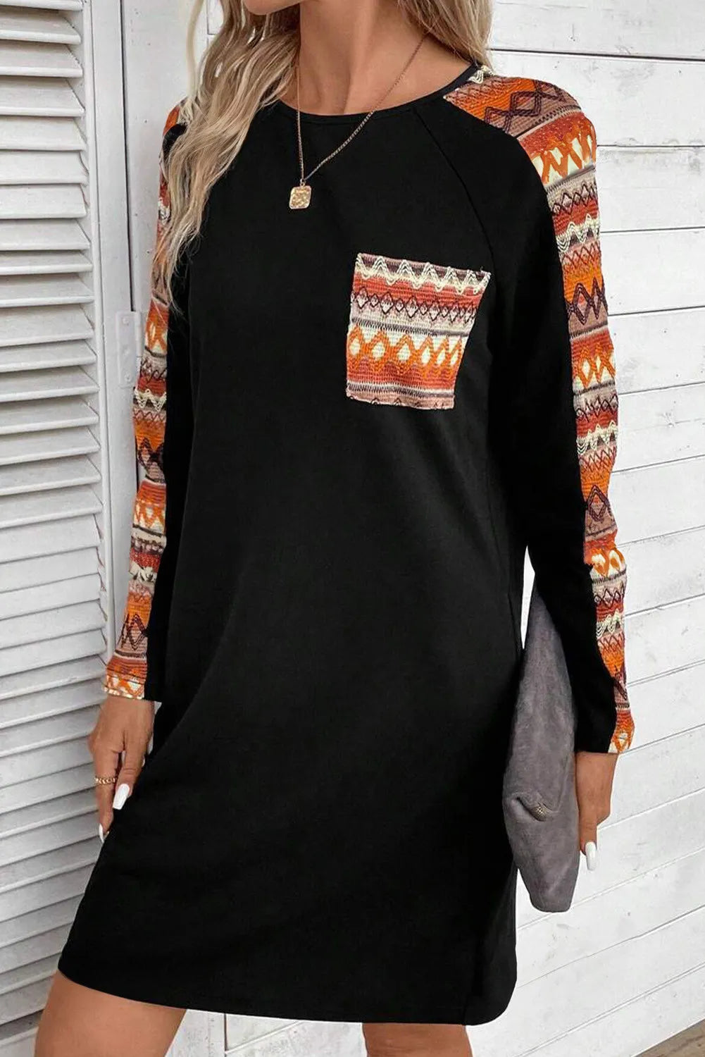 Blue Zone Planet |  Round Neck Long Sleeve Mini Dress Fashionable A-Line Mini Dress