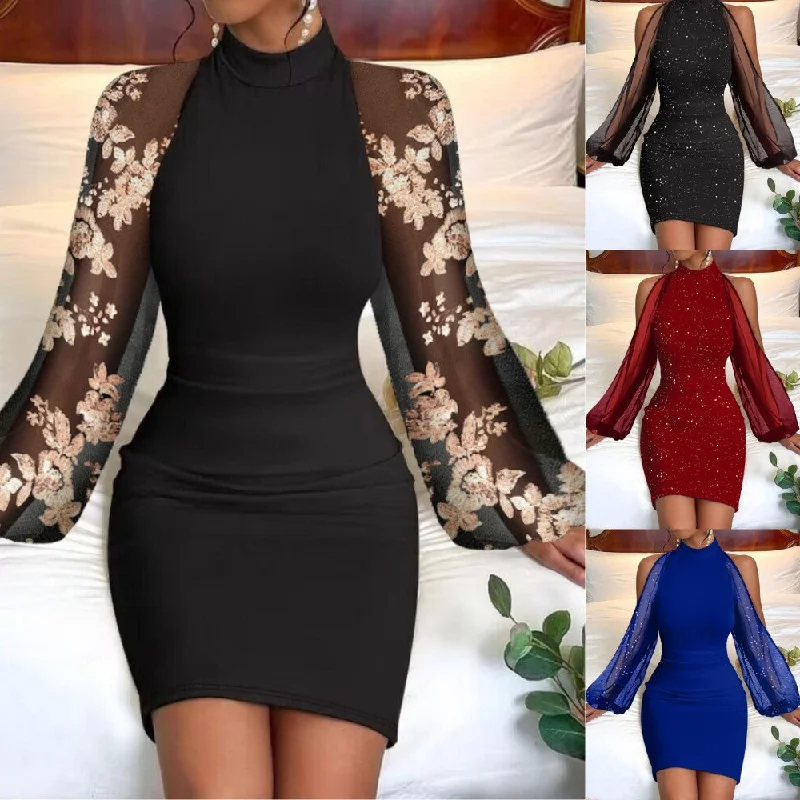 Sexy Lace Long Sleeves Bodycon Mini Dresses Comfortable Ruffle Mini Dress