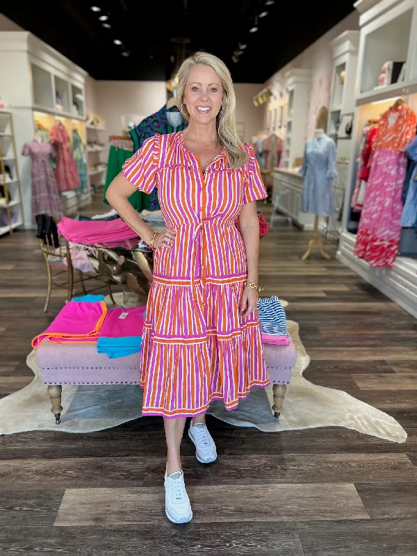 Striped Orange and Purple Midi Dress Trendy Off-Shoulder Button Midi Dress