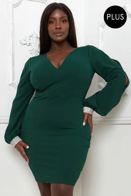 Rhinestone Cuffs Plus Size Mini Dress Trendy Mesh Mini Dress