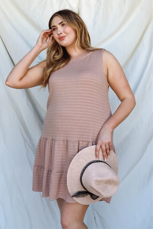 Plus Apricot Textured Ruffle Hem Open Back With Self-tie Detail Mini Dress Classic Striped Mini Dress