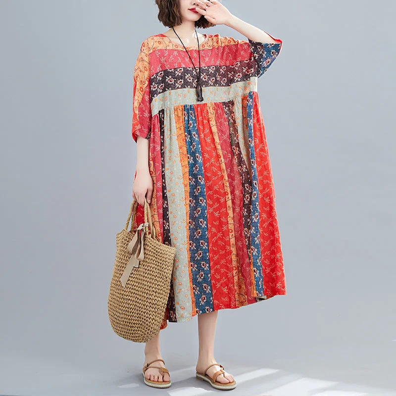 Women Summer Linen Plus Sizes Midi Dresses Fashionable Plaid Midi Dress