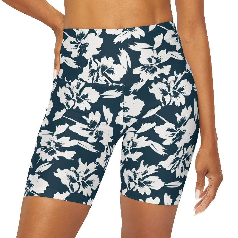 Women's 7" Long High-Waisted Swim Shorts, Blue Hawaiian Hibiscus Floral Swimwear Set