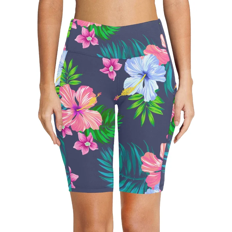 Women's 8" Long Swim Shorts w/Pockets, Blue Hawaiian Floral Casual Swim Dress