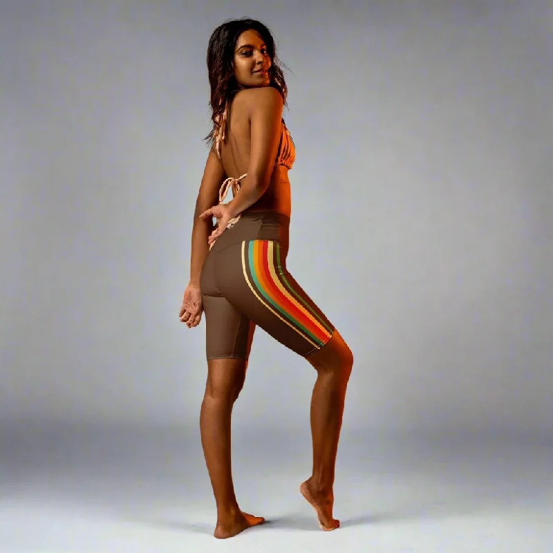 Women's 9-10" Inseam Long Swim Shorts, 70s Vintage Brown Stripe Deep-V Swimsuit Design