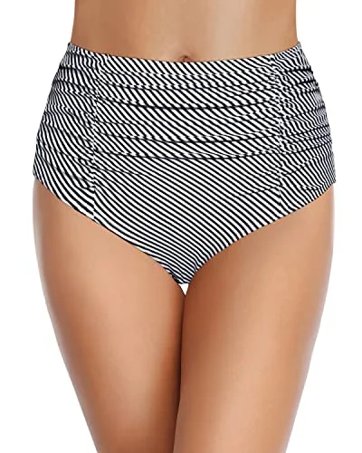 High Waisted Bikini Bottom Ruched Tummy Control Vintage Swimsuit Bottom-Black And White Stripe Elegant Swimsuit Bottoms