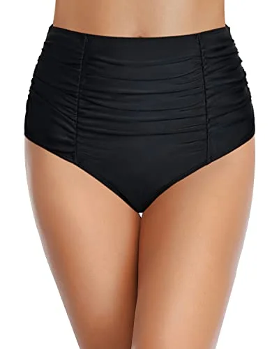 Ruched High Waisted Bikini Bottom Tummy Control Swim Bottom-Black High-Waisted Swimwear