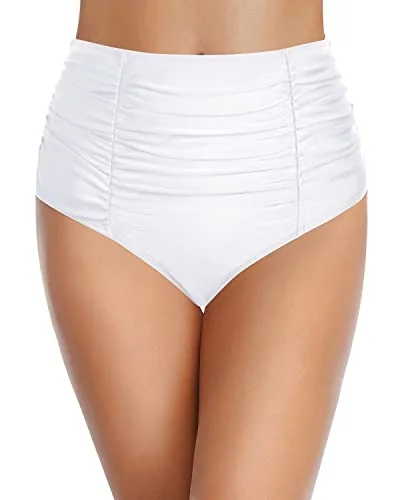 Full Coverage Vintage Shirred Swim Shorts For Women-White Sporty Swimsuit Style