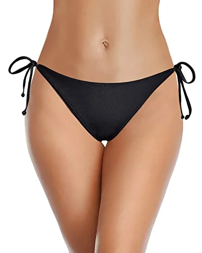 Full Coverage Bikini Bottom Tie Side Swimsuit Bottom Low Rise Bathing Suit Bottom-Black Strappy Back Bikini