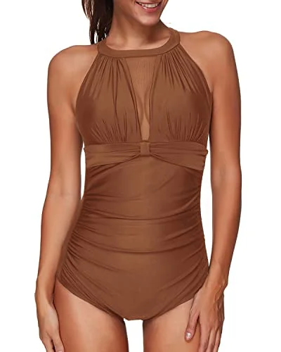 Halter Neck Mesh One Piece Swimwear For Women-Brown Timeless Black Bikini