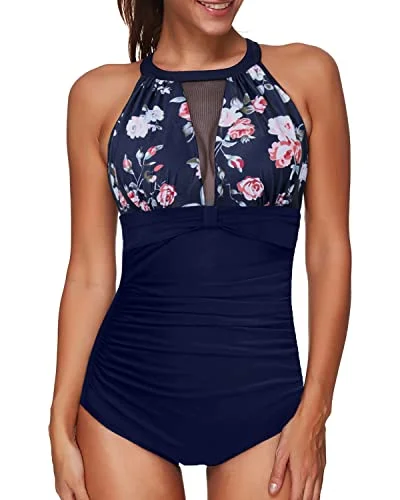 Mesh Halter High Neck Tummy Control One Piece Swimsuit For Women-Navy Blue Floral Lace-Detail Bikini Set