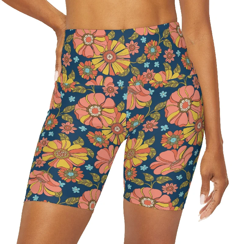 Women's High Waisted 7" Length Swim Shorts, Retro 70s Floral Elegant Swimsuit Bottoms