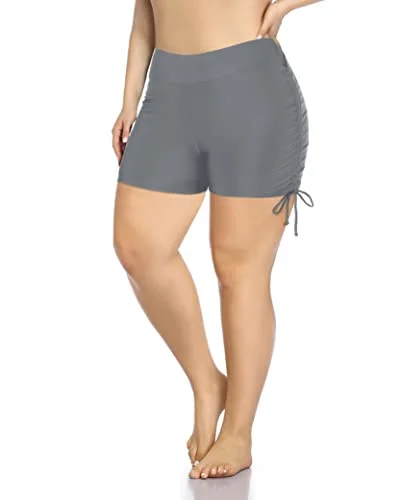 Sporty Boyleg Swim Bottoms Plus Size High Waisted Swimsuit Shorts-Grey Bold High-Cut Bikini