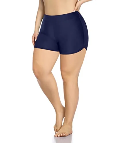 Women's High Waisted Tummy Control Plus Size Swim Shorts-Navy Blue Chic Bikini Set