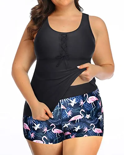 Racerback Athletic Tankini Swimsuits For Women Plus Size Bathing Suits-Black Flamingo Lace Back Bikini