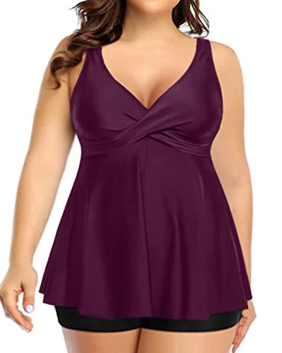 Twist Front Plus Size Tankini Swimsuit Tummy Control Bathing Suits For Women-Maroon Ruffled Swimsuit Top