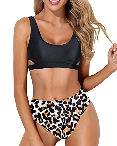 High Leg Bikini Set For Women 2 Piece High Waisted Sport Swimsuit-Black And Leopard Vibrant Bikini Design