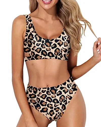 Two Piece Women's High Waisted Bikini Set Sport Swimsuit High Cut Bathing Suit-Leopard Chic Beach Cover-Up