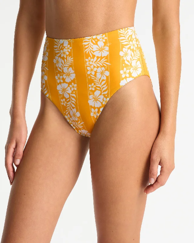 Womens - Swim Bottom - Evergreen High Waist Swim Pant - Hibiscus Stripe Daffodil Sporty Swimwear Bottoms